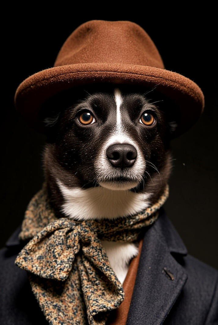 Digital pet portrait featuring a dog dressed in a vintage-style coat and hat, exuding a sophisticated and regal look.