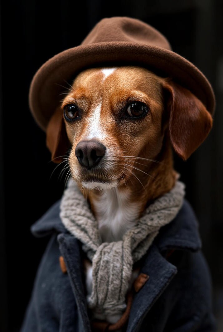 Digital pet portrait featuring a dog dressed in a vintage-style coat and hat, exuding a sophisticated and regal look.