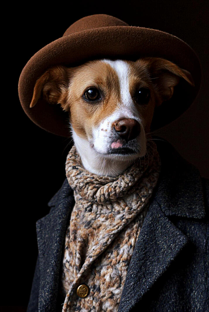 Digital pet portrait featuring a dog dressed in a vintage-style coat and hat, exuding a sophisticated and regal look.
