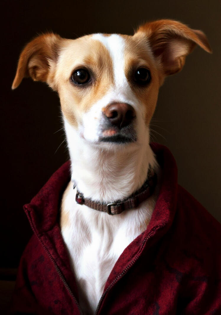 Digital pet portrait featuring a dog dressed in a vintage-style coat and hat, exuding a sophisticated and regal look.